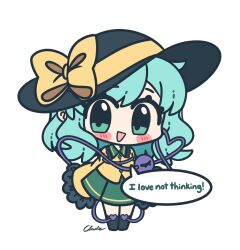 Rule 34 | 1girl, antinomy of common flowers, black hat, blush, bow, chibi, english text, full body, green eyes, green hair, green skirt, hat, hat bow, hat ribbon, highres, komeiji koishi, littlecloudie, long sleeves, looking at viewer, open mouth, ribbon, short hair, simple background, skirt, smile, solo, speech bubble, touhou, white background, yellow bow, yellow ribbon