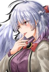 Rule 34 | 1girl, ahoge, blush, bow, bowtie, braid, breasts, commentary request, french braid, hair ribbon, highres, jacket, kishin sagume, large breasts, licking, licking finger, long sleeves, oshiaki, partial commentary, purple shirt, red eyes, ribbon, shirt, silver hair, solo, tongue, tongue out, touhou, upper body, white background, white wings, wings