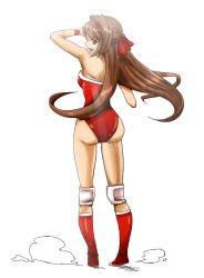 Rule 34 | 1girl, arm up, ass, back, bare legs, bare shoulders, boots, breasts, brown eyes, brown hair, female focus, fuuta, hair ribbon, knee pads, leotard, long hair, looking at viewer, looking back, medium breasts, mutou megumi, open mouth, red footwear, red leotard, ribbon, smile, solo, standing, strapless, wrestle angels, wrestling outfit, wristband