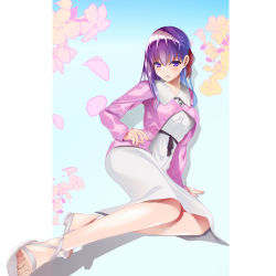 Rule 34 | 1girl, arm support, bijutubuinn, black ribbon, cardigan, dress, fate/stay night, fate (series), hair between eyes, hair ribbon, highres, long hair, matou sakura, official alternate costume, open cardigan, open clothes, parted lips, petals, pink cardigan, purple eyes, purple hair, red ribbon, rei no himo, ribbon, sailor collar, solo, sundress, white background, white dress, white sailor collar