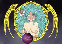 Rule 34 | 1girl, :d, ancient ys vanished, aqua eyes, aqua pupils, blue hair, blush, breasts, collarbone, completely nude, dropping, eyelashes, feena (ys), hair intakes, hair spread out, highres, large breasts, light blue hair, long hair, looking down, motion lines, muramasa mikado, nose blush, nude, open mouth, pink lips, smile, solo, speech bubble, title screen, very long hair, ys