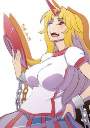 Rule 34 | 1girl, blonde hair, blush, breasts, chain, commentary request, cuffs, cup, dated, drop shadow, hand on own hip, highres, horns, hoshiguma yuugi, impossible clothes, impossible shirt, kei jiei, large breasts, long hair, looking at viewer, one-hour drawing challenge, one eye closed, open mouth, parted bangs, red eyes, red horns, sakazuki, saliva, shackles, shirt, simple background, single horn, skirt, smile, solo, star (symbol), striped clothes, striped skirt, t-shirt, teeth, tongue, touhou, upper body, upper teeth only, white background, white shirt