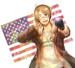 Rule 34 | 00s, 1boy, alternate costume, america (hetalia), american flag, axis powers hetalia, blonde hair, blue eyes, contemporary, english text, flag, glasses, happy, headphones, jacket, jewelry, male focus, microphone, necklace, non-web source, one eye closed, solo, united states, wink