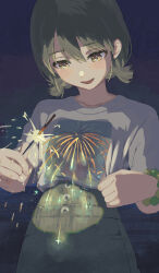 Rule 34 | 1girl, blush, bracelet, commentary, fireworks, green hair, highres, holding, holding fireworks, idolmaster, idolmaster shiny colors, jewelry, looking at object, nanakusa nichika, shirt, short sleeves, short twintails, smile, solo, sparkler, symbol-only commentary, takada (pixiv 97599311), twintails, white shirt