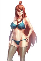 Rule 34 | 1girl, bad id, bad pixiv id, between breasts, black thighhighs, blue bra, blue nails, blue panties, bra, breasts, brown hair, collarbone, commentary, fishnet thighhighs, fishnets, green eyes, hair between breasts, hair over one eye, hair tie, hand on own hip, hand on own leg, highres, hip bones, lace, lace bra, lace panties, large breasts, legs, lips, lipstick, long hair, looking at viewer, makeup, nail polish, naruto, naruto (series), naruto shippuuden, navel, panties, parted lips, red lips, simple background, skindentation, smile, solo, standing, swept bangs, terumi mei, thighhighs, topknot, underwear, underwear only, very long hair, white background, yatisi