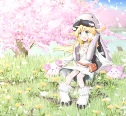 Rule 34 | &gt; &lt;, 1girl, :&lt;, :3, :d, animal hands, blonde hair, blue eyes, blush, cherry blossoms, choky, claws, closed eyes, day, dress, flower, full body, grass, jewelry, latale, long hair, long sleeves, necklace, open mouth, outdoors, paprika shikiso, petals, shaggy (latale), sitting, smile, solo, tree, white dress