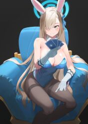 Rule 34 | 1girl, :d, absurdres, animal ears, arm support, armchair, asuna (blue archive), asuna (bunny) (blue archive), bare shoulders, black pantyhose, blue archive, blue leotard, bow, breasts, brown hair, card, chair, cleavage, collarbone, commentary request, detached collar, elbow gloves, fake animal ears, gloves, grey eyes, hair over one eye, hairband, halo, highleg, highleg leotard, highres, holding, holding card, kkami15, large breasts, leotard, long hair, looking at viewer, official alternate costume, open mouth, pantyhose, playboy bunny, playing card, rabbit ears, sidelocks, simple background, sitting, sleeveless, smile, solo, strapless, strapless leotard, white gloves
