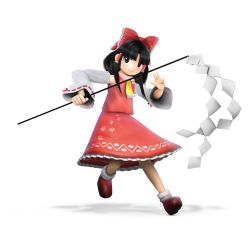 Rule 34 | 3d, ascot, black hair, bow, brown eyes, brown footwear, collared shirt, commentary, detached sleeves, english commentary, frilled hair tubes, frilled skirt, frills, ggalactigal, gohei, hair bow, hair tubes, highres, holding, light blush, long hair, nintendo, nontraditional miko, parody, parted bangs, paw print, paw print pattern, red bow, red shirt, red skirt, shadow, shirt, shoes, sidelocks, simple background, skirt, skirt set, smile, socks, solo, style parody, super smash bros., touhou, w, white background, white sleeves, wide sleeves, wily beast and weakest creature, yanpai, yellow ascot, zun (style)