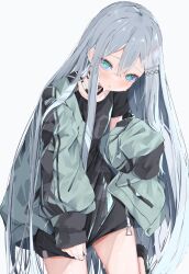 Rule 34 | 1girl, :o, @ @, absurdres, black choker, black shirt, blue eyes, blush, choker, collarbone, cowboy shot, flat chest, foot up, furrowed brow, grey hair, grey jacket, hair between eyes, hair ornament, hairclip, highres, jacket, jewelry, leaning forward, long hair, long sleeves, looking at viewer, necklace, no pants, open clothes, open jacket, project sekai, shirt, shirt tug, short sleeves, simple background, sleeves past fingers, sleeves past wrists, solo, sweatdrop, track jacket, tsune (tune), very long hair, white background, yoisaki kanade