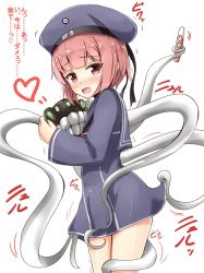 Rule 34 | 10s, 1girl, abyssal ship, aikawa ryou, blue hat, blush, brown eyes, brown hair, dress, enemy naval mine (kancolle), hat, heart, highres, kantai collection, long sleeves, open mouth, pregnancy test, sailor collar, sailor dress, sailor hat, short hair, simple background, solo, tentacles, translation request, white background, z3 max schultz (kancolle)