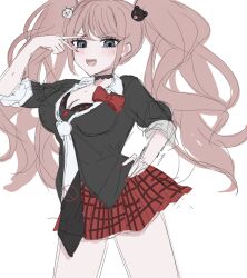 Rule 34 | 1girl, :d, bear hair ornament, black bra, black necktie, blush, bow, bra, breasts, cleavage, cowboy shot, danganronpa: trigger happy havoc, danganronpa (series), enoshima junko, hair ornament, hand on own hip, highres, large breasts, long hair, miniskirt, necktie, open mouth, plaid, plaid skirt, red bow, red nails, red skirt, shirase aron (sisisiroo), skirt, smile, solo, teeth, twintails, underwear, unfinished, upper teeth only, v over eye, white necktie