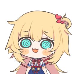 Rule 34 | 1girl, @ @, akai haato, akai haato (1st costume), big head, black outline, blonde hair, blue eyes, blush, blush stickers, chibi, commentary, hair ornament, hair ribbon, heart, heart hair ornament, highres, hololive, open mouth, outline, ribbon, simple background, solo, teardrop, virtual youtuber, white background, yasashi v