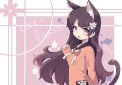 Rule 34 | 1girl, absurdres, animal ear fluff, animal ears, black hair, blush, brown eyes, cat ears, cat tail, commentary request, english text, fang, flower, hair flower, hair ornament, head tilt, highres, long hair, looking at viewer, masaki (machisora), open mouth, original, solo, tail