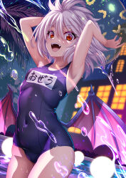 Rule 34 | 1girl, armpits, bat wings, blue one-piece swimsuit, fang, highres, hijikawa arashi, light purple hair, one-piece swimsuit, red eyes, remilia scarlet, solo, swimsuit, thighs, touhou, wings