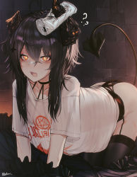 Rule 34 | 1girl, ?, ??, ahoge, all fours, artist name, ass, bags under eyes, bandaid, bandaid on face, bandaid on nose, black choker, black panties, black thighhighs, breasts, brick wall, can, choker, clothes writing, commentary, cross, cross hair ornament, cuts, demon girl, demon horns, demon tail, ehrrr, english commentary, garter belt, garter straps, groin, hair between eyes, hair ornament, highres, horns, indoors, injury, long hair, looking at viewer, medium hair, misery-chan, no pants, open mouth, orange eyes, original, panties, pentagram, scar, scar on face, sharp teeth, shirt, short sleeves, sidelocks, small breasts, solo, t-shirt, tail, teeth, thighhighs, thighs, twitter username, underwear, white shirt, wings