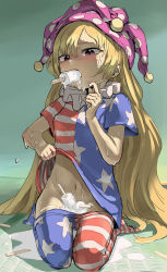 Rule 34 | 1girl, absurdres, american flag dress, american flag legwear, blonde hair, blush, clothes pull, clownpiece, commentary request, eating, food, hakonnbo, hat, highres, jester cap, lifted by self, long hair, looking at viewer, neck ruff, no panties, no shoes, no wings, pantyhose, pantyhose pull, polka dot, popsicle, purple eyes, purple hat, short sleeves, sketch, solo, sweat, touhou