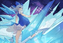 Rule 34 | 1girl, blue bow, blue dress, blue eyes, blue hair, bow, cirno, detached wings, devilkillerx, dress, fairy, fairy wings, frozen, hair bow, ice, ice wings, open mouth, pinafore dress, sleeveless, sleeveless dress, solo, touhou, touhou lost branch of legend, wings
