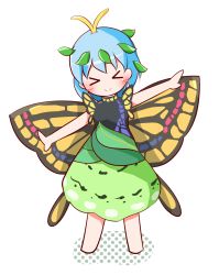 Rule 34 | &gt; &lt;, 1girl, amboina, antennae, aqua hair, barefoot, blush, butterfly wings, chibi, closed mouth, dress, eternity larva, fairy, full body, green dress, highres, insect wings, leaf, leaf on head, multicolored clothes, multicolored dress, outstretched arms, short hair, short sleeves, smile, solo, spread arms, touhou, white background, wings