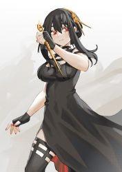 Rule 34 | 1girl, absurdres, bare arms, black dress, black gloves, black hair, black thighhighs, breasts, closed mouth, commentary, cowboy shot, dagger, dress, fingerless gloves, gloves, grey background, hair between eyes, hair ornament, hand up, highres, holding, holding dagger, holding knife, holding weapon, knife, large breasts, light smile, looking at viewer, red eyes, renxzd, short hair with long locks, solo, spy x family, thighhighs, two-sided dress, two-sided fabric, weapon, yor briar