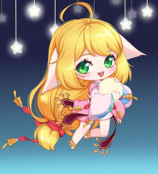 Rule 34 | 1girl, :d, absurdres, ahoge, animal ears, anklet, ball, bare legs, bell, blonde hair, blue background, blush, chibi, chinese clothes, dress, ears down, fox ears, full body, gradient background, green eyes, hanfu, highres, holding, holding ball, huyao xiao hongniang, jewelry, kumu zaisheng, layered sleeves, leg up, long hair, long sleeves, looking at viewer, low-tied long hair, open mouth, pink dress, short dress, short over long sleeves, short sleeves, smile, solo, star (symbol), teeth, tushan susu, upper teeth only, very long hair, wide sleeves