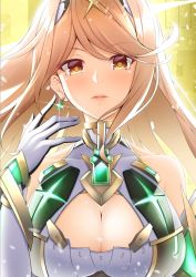 Rule 34 | 1girl, arm guards, armor, blonde hair, blush, breasts, cleavage, cleavage cutout, closed mouth, clothing cutout, earrings, elbow gloves, floating hair, gem, glint, gloves, glowing, impossible clothes, jewelry, large breasts, long hair, looking at viewer, mythra (xenoblade), nintendo, shoulder armor, smile, solo, swept bangs, takatun223, upper body, xenoblade chronicles (series), xenoblade chronicles 2, yellow background, yellow eyes