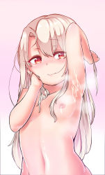 Rule 34 | 1girl, absurdres, arm up, armpits, blush, bow, breasts, brown eyes, cum, cum on armpit, cum on body, cum on upper body, fate/kaleid liner prisma illya, fate (series), gradient background, hair between eyes, hair bow, hair in own mouth, hair ornament, heart, heart-shaped pupils, highres, illyasviel von einzbern, light brown hair, long hair, looking at viewer, navel, nipples, nose blush, note2000, nude, pink background, presenting armpit, red eyes, small breasts, smile, solo, spread armpit, steaming body, symbol-shaped pupils, upper body, very long hair, white background