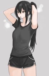 Rule 34 | 1girl, absurdres, armpits, arms behind head, arms up, black eyes, black hair, black shirt, black shorts, bracelet, collarbone, cowboy shot, dolphin shorts, fuku (fuku12290574), grey background, hair between eyes, highres, jewelry, long hair, looking ahead, mouth hold, original, ponytail, shirt, short sleeves, shorts, simple background, solo, standing, steam, sweat, sweaty clothes, thighs, tying hair