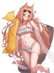 Rule 34 | 1girl, :d, @ @, absurdres, alternate costume, animal ears, archetto (arknights), arknights, armpit crease, bag, bare shoulders, bikini, blonde hair, blue eyes, blush, breasts, cleavage, collarbone, duffel bag, eyewear on head, frilled bikini, frills, heterochromia, highres, innertube, jewelry, lilac (k32420276), long hair, looking at viewer, md5 mismatch, medium breasts, navel, necklace, open mouth, red eyes, resolution mismatch, ribbon, shawl, simple background, skindentation, smile, solo, source smaller, stomach, sunglasses, swim ring, swimsuit, thigh strap, thighs, underboob, very long hair, white background, white bikini, wrist ribbon
