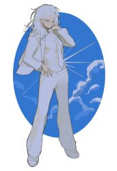 Rule 34 | 1girl, blue background, blue sky, cloud, coat, collared shirt, colored eyelashes, diffraction spikes, facing viewer, formal, full body, genderswap, genderswap (mtf), grey footwear, grey hair, grey jacket, grey necktie, grey pants, grey shirt, grey suit, grin, hand on own hip, hand up, highres, jacket, korean commentary, long hair, long sleeves, muted color, necktie, one eye closed, open clothes, open coat, original, pants, sasi mozzi1, shirt, shoes, sky, smile, sneakers, solo, standing, suit
