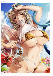 Rule 34 | 1girl, absurdres, animal ears, arm up, artist name, blonde hair, blush, breasts, brown eyes, cleavage, cloud, day, flower, fur bikini, highres, holding, hose, innertube, kneeling, large breasts, mouth hold, navel, non-web source, one eye closed, original, outdoors, scan, see-through, short hair, short sleeves, sky, smile, solo, sunlight, swim ring, tail, tiger ears, tiger tail, toranoana, water, wet, wet clothes