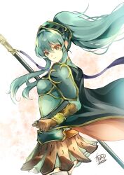 Rule 34 | 1girl, armor, atoatto, blue eyes, blue hair, bracelet, breastplate, brown gloves, cape, earrings, eirika (fire emblem), fire emblem, fire emblem: the sacred stones, fire emblem heroes, gloves, hair between eyes, hair ornament, holding, holding polearm, holding weapon, jewelry, lance, long hair, looking at viewer, nintendo, official alternate costume, polearm, ponytail, purple ribbon, ribbon, shoulder armor, sidelocks, signature, skirt, smile, solo, thighhighs, weapon, white thighhighs