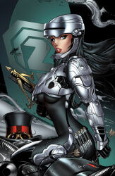 Rule 34 | 1girl, arrow (projectile), assault visor, black bodysuit, black gloves, black hair, black hat, bodysuit, bow (weapon), breasts, collaboration, comic cover, commentary, cosplay, crossbow, english commentary, gloves, hat, helmet, holding, holding arrow, holding crossbow, holding weapon, liesel van helsing, long hair, looking to the side, medium breasts, official art, parted lips, paul green, robocop, robocop (character), robocop (character) (cosplay), signature, smoke, solo, top hat, ula mos, unworn hat, unworn headwear, van helsing (zenescope), weapon, western comics (style)