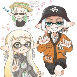 Rule 34 | 3girls, :3, black headwear, black sweater, blonde hair, blue hair, bow, brown hair, brown headwear, closed eyes, cropped legs, earrings, fangs, green bow, green eyes, green hair, hat, hat bow, heart, inkling, inkling girl, inkling player character, jewelry, lemo (lemo 4), long hair, looking at viewer, medium hair, multicolored hair, multiple girls, nintendo, open mouth, orange sweater, pointy ears, power symbol, print headwear, simple background, sleeves past wrists, smile, splatoon (series), spoken symbol, sweater, tentacle hair, thick eyebrows, translation request, triangle earrings, two-tone hair, v, white background, yellow eyes, zzz