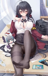 Rule 34 | 2girls, :o, absurdres, ahoge, armband, azur lane, between breasts, black bag, black bow, black bowtie, black hair, black skirt, book, bottle, bow, bowtie, breasts, cheshire (azur lane), chibi, cleavage, collared shirt, commentary request, crossed bangs, curtains, desk, dress shirt, duplicate, feet, fine fabric emphasis, foot focus, foot out of frame, glasses, hair between eyes, handheld game console, highres, huge ahoge, indoors, jacket, kanon (sinto), large breasts, leaning back, leg up, long hair, long sleeves, multiple girls, nintendo, nintendo switch, no bra, no panties, no shoes, official alternate costume, on desk, open clothes, open jacket, pantyhose, paper, partially unbuttoned, pleated skirt, presenting foot, red eyes, red jacket, round eyewear, school uniform, see-through, see-through legwear, shirt, sitting, skirt, spill, taihou (azur lane), taihou (sweet time after school) (azur lane), the legend of zelda, the legend of zelda: breath of the wild, thighband pantyhose, toes, trading card, water, white shirt, yellow armband, yu-gi-oh!