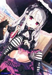 Rule 34 | 1girl, absurdres, black cat, blush, boots, bow, bow panties, cat, center frills, chestnut mouth, crotch seam, cura, earrings, eyepatch, eyepatch lift, flower, frills, garter straps, gothic lolita, hairband, highres, image sample, jewelry, lolita fashion, lolita hairband, long hair, looking at viewer, panties, pantyshot, parasol, red eyes, rose, sitting, solo, striped clothes, striped thighhighs, thighhighs, umbrella, underwear, white background, white panties