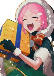 Rule 34 | 1girl, :d, absurdres, bleach, bow, christmas present, closed eyes, gift, gloves, happy, hat, highres, holding, holding gift, jou (jo jjo), kusajishi yachiru, open mouth, pink hair, santa hat, simple background, smile, solo, white background