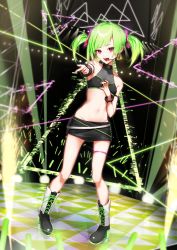 Rule 34 | 1girl, absurdres, ahoge, arm strap, bare shoulders, black skirt, bracelet, clothing cutout, collarbone, commentary, covered collarbone, crop top, dejio, delutaya, diagonal bangs, earrings, full body, glowstick, green hair, halterneck, high heels, highres, indie virtual youtuber, jewelry, looking at viewer, midriff, navel, open mouth, red eyes, second-party source, short twintails, skirt, solo, standing, thigh strap, triangle earrings, twintails, underboob cutout, virtual youtuber
