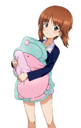 Rule 34 | 1girl, anglerfish, blue jacket, brown eyes, brown hair, commentary, emblem, fish, girls und panzer, highres, holding, holding pillow, jacket, kayabakoro, long sleeves, looking at viewer, military, military uniform, miniskirt, nishizumi miho, ooarai military uniform, open mouth, pillow, pleated skirt, reference request, short hair, simple background, skirt, smile, solo, standing, uniform, white background, white skirt