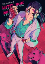 Rule 34 | 1boy, akagi (redsiland), artist name, bandages, bandaid, bandaid on face, belt, black hair, brass knuckles, clenched hand, commentary request, earrings, fingerless gloves, formal, gloves, green eyes, hand in pocket, highres, hotline miami, hotline miami 2: wrong number, jacket, jaguar, jewelry, male focus, pants, ponytail, scar, scar on face, shirt, son (hotline miami), standing, weapon, white jacket