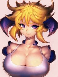 Rule 34 | 1girl, bare shoulders, blonde hair, breasts, cleavage, demon girl, fang, fumio (rsqkr), horns, large breasts, looking at viewer, pink background, purple eyes, short hair, simple background, solo, tank top, upper body