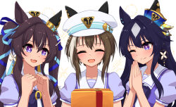 Rule 34 | 3girls, absurdres, beret, blue hair, blush, cheval grand (umamusume), clenched hands, closed eyes, closed mouth, collarbone, dark blue hair, earrings, gift, hair between eyes, hair ornament, hat, highres, jewelry, lexis yayoi, mole, mole under eye, multiple girls, one eye closed, purple eyes, school uniform, siblings, simple background, single earring, sisters, sparkle, tracen training uniform, twintails, umamusume, v sisters, verxina (umamusume), vivlos (umamusume), white background