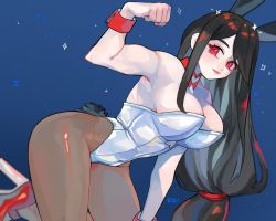 Rule 34 | 1girl, animal ears, asymmetrical bangs, black hair, blue background, breasts, cleavage, final fantasy, final fantasy vii, high heels, highres, large breasts, leotard, long hair, low-tied long hair, muscular, pantyhose, playboy bunny, rabbit ears, rabbit tail, red eyes, rikikitty, solo, sparkle, square enix, tail, tifa lockhart, upper body