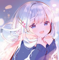 Rule 34 | 1girl, :d, ame usari, blue eyes, blue jacket, blush, bow, commentary request, hair bow, hair ornament, hairclip, hands up, highres, jacket, long hair, long sleeves, looking at viewer, open mouth, original, pink bow, pink scarf, scarf, silver hair, sleeves past wrists, smile, solo, upper body