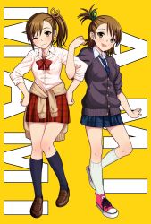 Rule 34 | 2girls, :d, black socks, blush, bow, brown eyes, cardigan, clothes around waist, futami ami, futami mami, hands on own hips, highres, idolmaster, idolmaster (classic), kneehighs, loafers, locked arms, multiple girls, necktie, one eye closed, open mouth, ponytail, school uniform, shoes, short hair, siblings, side ponytail, simple background, sisters, sleeves pushed up, sleeves rolled up, smile, sneakers, socks, sweater, sweater around waist, tokita arumi, white socks, wink