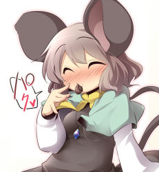 Rule 34 | 1girl, ^ ^, aki (akikaze asparagus), animal ears, blush, breasts, capelet, chocolate, closed eyes, dress, eating, closed eyes, female focus, grey hair, mouse ears, mouse tail, nazrin, short hair, small breasts, solo, tail, touhou