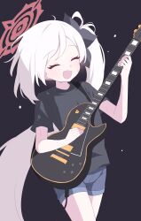 Rule 34 | 1girl, :d, absurdres, black background, black shirt, blue archive, blue shorts, blush, closed eyes, cowboy shot, facing viewer, fang, floating hair, forehead, guitar, hagoonha, halo, highres, holding, holding instrument, instrument, legs together, long hair, music, mutsuki (blue archive), open mouth, parted bangs, playing instrument, raised eyebrows, shirt, short shorts, short sleeves, shorts, side ponytail, sidelocks, simple background, skin fang, smile, solo, sweatdrop, t-shirt, very long hair, white hair