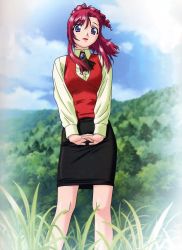 Rule 34 | 00s, 1girl, blue eyes, blue sky, brooch, choker, cloud, cloudy sky, day, forest, grass, highres, jewelry, kazami mizuho, long sleeves, looking down, nature, onegai teacher, outdoors, pencil skirt, pink hair, plant, sidelocks, skirt, sky, solo, standing, tree, v arms, vest