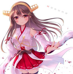 Rule 34 | 10s, 1girl, bad id, bad pixiv id, bare shoulders, black hair, brown eyes, character name, detached sleeves, hair between eyes, hairband, haruna (kancolle), headband, japanese clothes, kantai collection, long hair, mamekosora, nontraditional miko, pleated skirt, red skirt, ribbon-trimmed sleeves, ribbon trim, sarashi, skirt, smile, solo, white background, wide sleeves