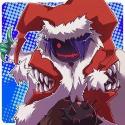 Rule 34 | 1boy, alternate costume, bag, bomb, christmas, commentary request, creator (ragnarok online), emon-yu, explosive, hair over one eye, living clothes, looking at viewer, mask, purple hair, ragnarok online, santa costume, short hair, solo, teeth, tentacles, upper body