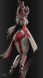 Rule 34 | 1girl, alternate costume, arcafterdark, arms up, ass, breasts, colored skin, from behind, knees together feet apart, looking at viewer, looking back, multicolored skin, no feet, sideboob, signature, simple background, solo, warframe, wisp (warframe)